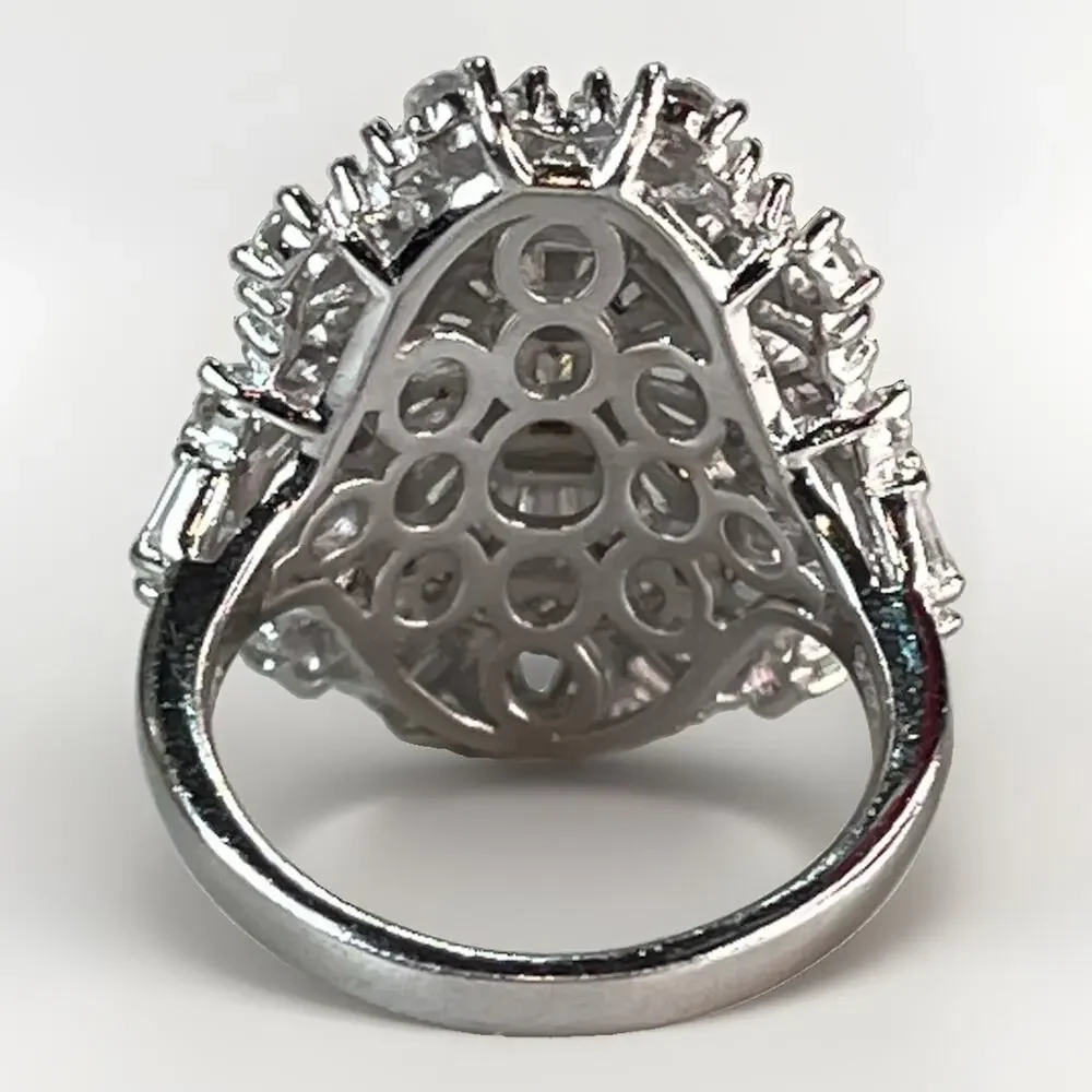 925 Sterling Silver CZ Baguette Cluster Statement Cocktail Ring Size 6.5